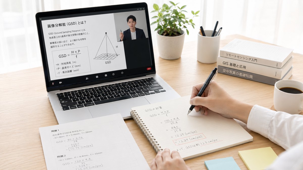 ノートパソコンの講義画面を見ながら、手元のノートで画素分解能を計算している様子